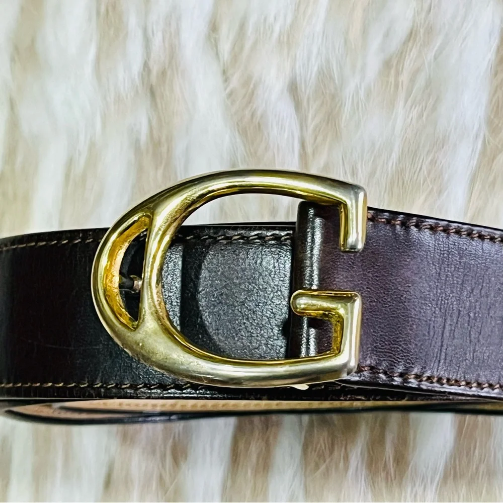 GUCCI G Gold Buckle Brown Leather Classic Unisex Belt